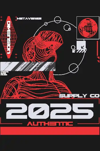 Vector futurista con silueta roja, texto 'METAVRSE 2025 AUTHENTIC' y elementos tecnológicos