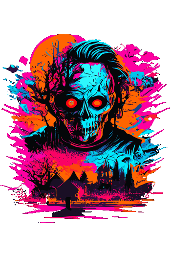 Iconicos Cyber Arte vectorial de un zombi con ojos naranjas brillantes en un paisaje terrorífico con tonos neón.