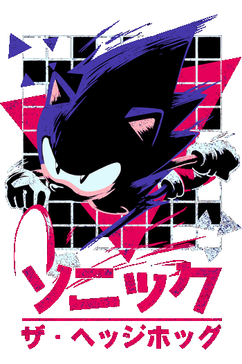 Gráfico vectorial de Sonic el Erizo estilo retro de los 90 con fondo de cuadrícula rosa neón y letras japonesas.