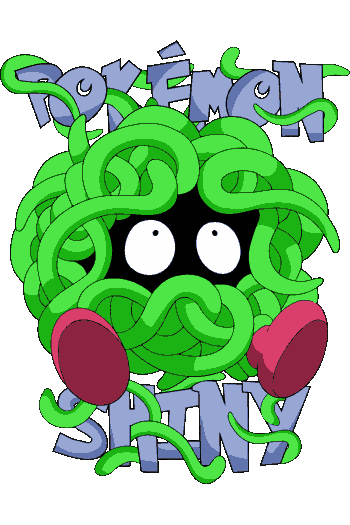 Diseño vectorial de Pokémon Shiny verde (cadenas) con ojos grandes, guantes rojos, texto  estilo caricatura