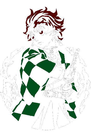 Vector de Tanjiro Kamado de Demon Slayer, manta verde y negra, sosteniendo espada verde, rodeado de llamas blancas