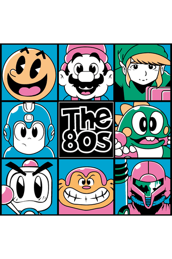 Gráfico retro de videojuegos de los 80 con Mario, Pacman y Megaman para impresión textil DTF.