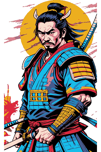War & Honor Diseño artístico de un guerrero samurái con armadura azul y katanas frente a un sol amarillo.