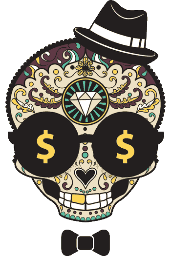 Diseño vectorial de calavera con sombrero y pajarita, gafas de sol con símbolos de dólar, diamante en frente, estilo gangster y lujoso