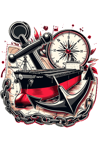 Vector náutico de barco de carga con ancla, brújula y cadenas estilo tatuaje para remeras.