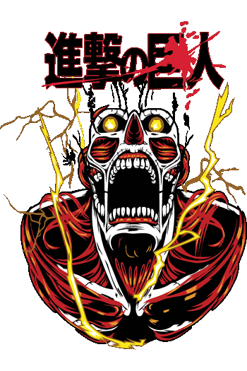 Ilustración vectorial del Titán Colosal gritando con músculos rojos y rayos amarillos bajo letras japonesas con sangre.
