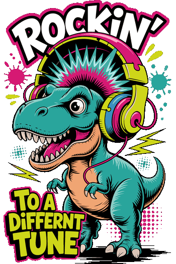 Dino Party Vector de T-Rex azul con moño rosa y auriculares, texto 'ROCKIN' TO A DIFFERENT TUNE', fondo con salpicaduras y rayos