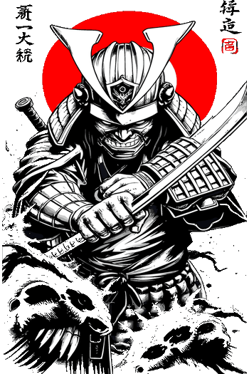 Ilustración vectorial en blanco y negro de un samurái con katana frente a un círculo rojo estilo bandera de Japón.