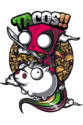 Diseño vectorial de monstruo con cabeza de taco, espada, patrones de tacos y pistolas, texto 'TACOS!!'