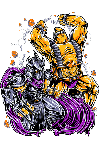 Shredder Krang Arte vectorial de Destructor junto al robot de Krang en un estilo de cómic clásico y dinámico.