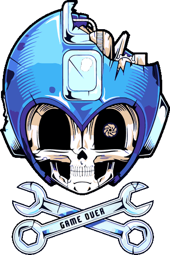 Vector de casco de moto azul neón con calavera dentro, llaves inglesas cruzadas y texto 'GAME OVER'