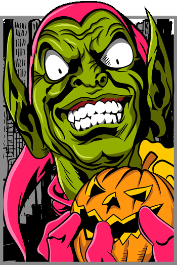 Ilustración vectorial del Duende Verde con bomba de calabaza de Halloween para estampado de camisetas.