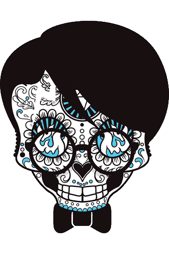 Vector de calavera con peinado afro y gafas de sol, lágrimas azules, patrones florales blancos y azules