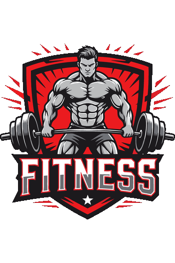 Emblema vectorial de fisicoculturista levantando barra con pesas y texto fitness para sudaderas.