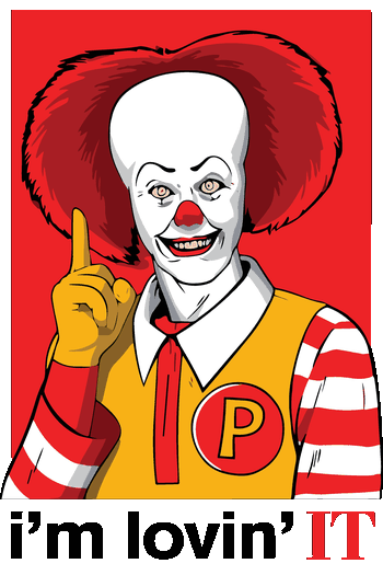CADENAS Arte paródico de payaso Pennywise vestido de Ronald con frase I'm lovin' IT.