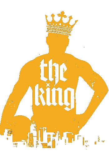 Vector silueta dorada jugador de baloncesto coronado sobre skyline con texto The King tipografía gótica