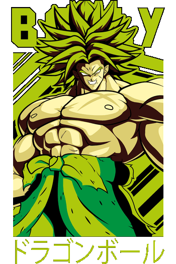 Dragon Ball vibe Ilustración vectorial de Broly Super Saiyajin Legendario con letras japonesas en fondo verde para camisetas.