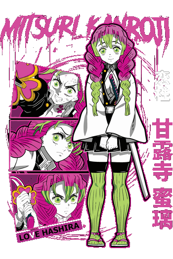 Diseño de Mitsuri Kanroji Pilar del Amor de Kimetsu no Yaiba con paneles manga rosas para impresión DTF.