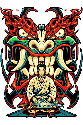 Fusion & Mechs Gráfico vectorial de guerrero samurái meditando con máscara de demonio Oni gigante para estampar.