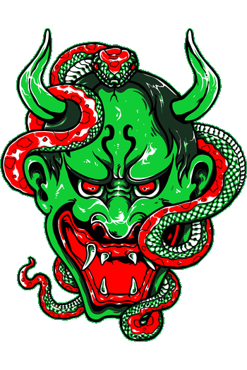 Creepshow & Horror Culture Ilustración vectorial de máscara de demonio Oni japonés verde con serpiente roja para ropa alternativa.
