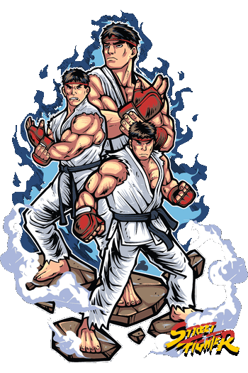 No Fate Composición artística vectorial de Ryu de Street Fighter en tres poses de combate rodeado de aura azul y humo.