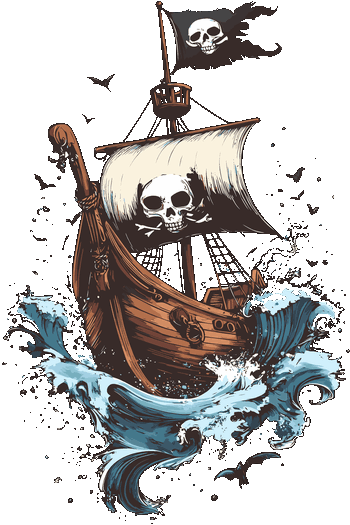 Nautical Voyages & Legends Diseño gráfico de barco pirata con calavera en la vela navegando en el mar para DTF.