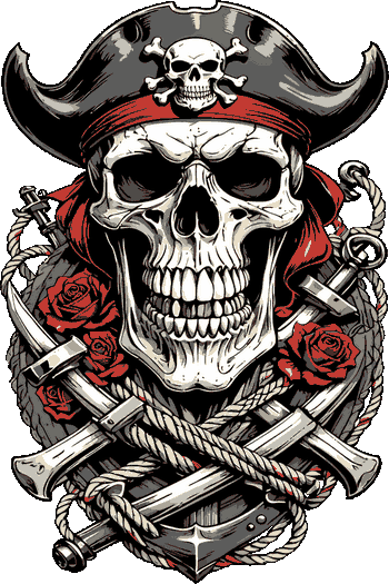 Diseño de calavera, pañuelo rojo y espadas piratas cruzadas en estilo gráfico de tatuaje.