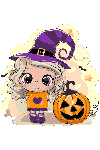 Brujitas vector que muestra una tarjeta de Halloween con una niña vestida de bruja y una calabaza