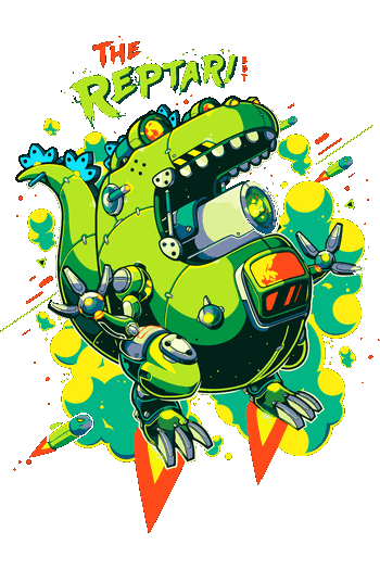 Monstruos Robóticos Ilustración vectorial de un dinosaurio robot verde estilo mecha con cañón en la boca y letras que dicen 'The Reptar Bot'