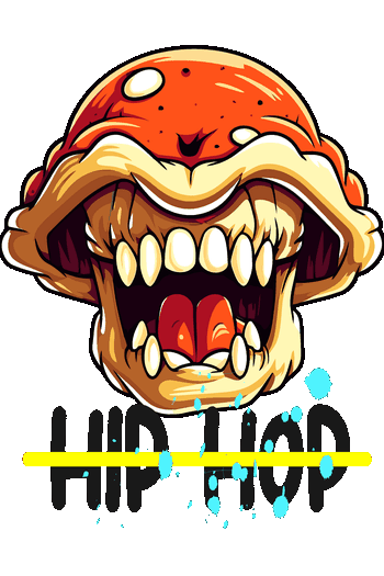 Vector de boca gigante de estilo cartoon, dientes amarillos, saliva azul, texto 'HIP HOP' en negro y amarillo
