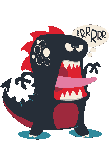 Be Cool!! Diseño vectorial de dinosaurio azul con crestas rojas, boca abierta gritando 'RRRRRRR', dientes afilados