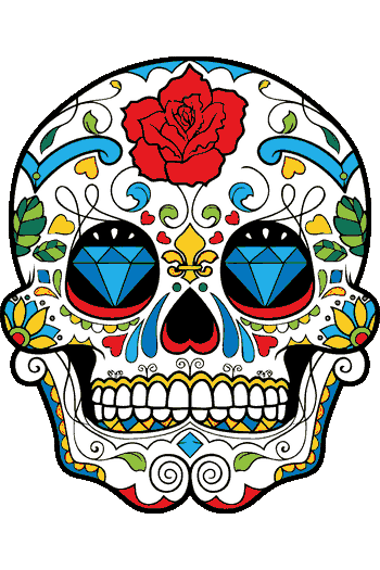 Vector de calavera Día de Muertos con rosa roja en frente, ojos de diamante azul, patrones florales
