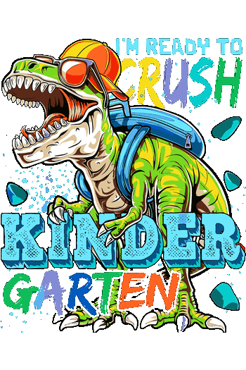 Dino Party Vector de T-Rex con gafas de sol y mochila, texto 'I'M READY TO CRUSH KINDERGARTEN', letras coloridas,