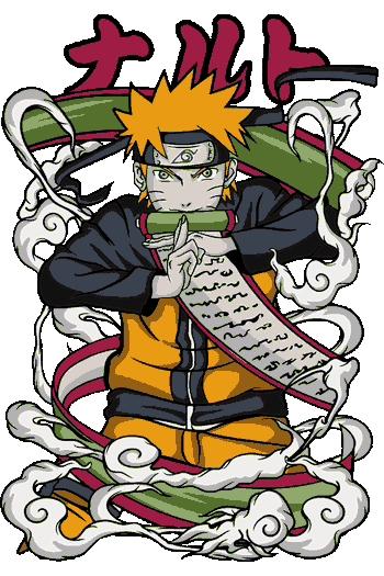 Shonen Legends Arte vectorial de Naruto Uzumaki con pergamino, nubes estilizadas y letras japonesas en rojo.