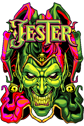 Villanos Caóticos & Clowns Vector de bufón verde neón con sombrero de cascabeles y letras Jester para camisetas.