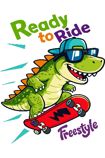 Diseño vectorial de dinosaurio verde con gorra y gafas de sol, montando skateboard rojo, texto 'Ready to Ride Freestyle',
