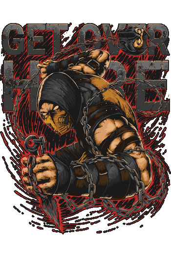 Gráfico vectorial de ninja Scorpion lanzando cadenas con frase Get Over Here para ropa urbana.