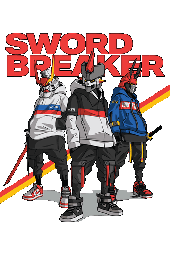 SQUAD IMPARABLE Gráfico vectorial de tres robots Gundam con sudaderas anchas y zapatillas de baloncesto Sword Breaker.