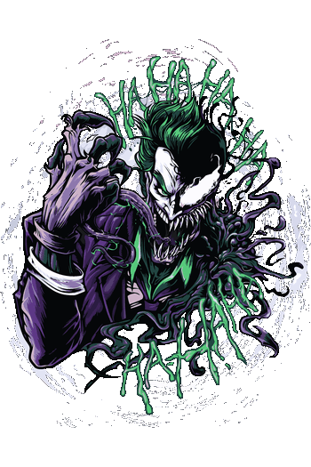 Ilustración híbrida de Joker mezclado con Venom y texto Ha Ha Ha para remeras oscuras.