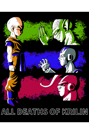 Vector de Krilin con Freezer, Cell y Moro, texto 'ALL DEATHS OF KRILIN', fondo negro con secciones verde, azul y magenta, estilo cómic de anime