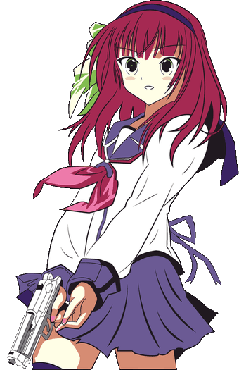 Vector de Haruhi Suzumiya con uniforme escolar, pistola plateada, expresión seria, fondo blanco