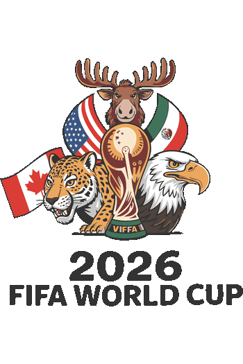 Gráfico vectorial del trofeo del mundial custodiado por un alce, un jaguar y un águila con sus respectivas banderas nacionales.