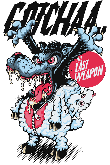 Diseño gráfico vectorial de un lobo rabioso saliendo de un disfraz de oveja con el texto 'GOTCHAA'.