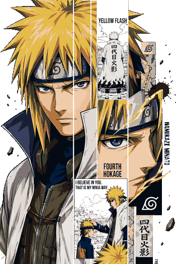 Composición vectorial estilo manga de Minato Namikaze el Cuarto Hokage con viñetas y textos en inglés y japonés.