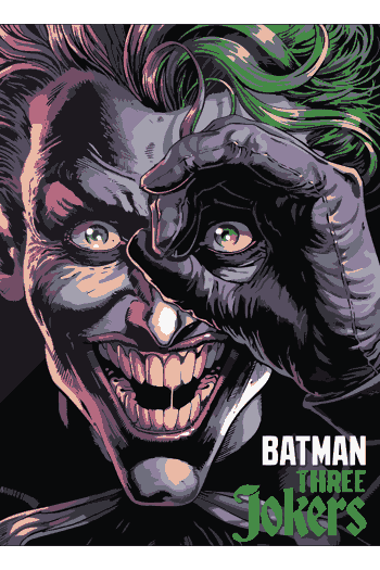 Drop Anime + One Piece + DC Vector Joker Batman Three Jokers primer plano oscuro navaja sonrisa paleta morado verde negro estilo cómic
