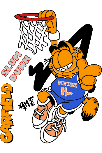 Vector de Garfield colgado del aro de basket, camiseta 'NEWYORK', texto 'SLUM DUNK' y 'GARFIELD'
