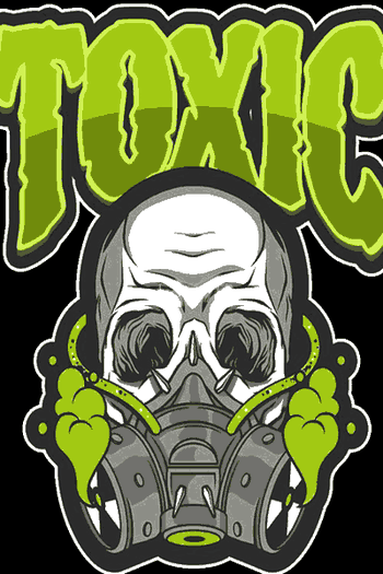 Diseño vectorial de calavera con máscara de gas gris, humo tóxico verde, texto 'TOXIC' industrial