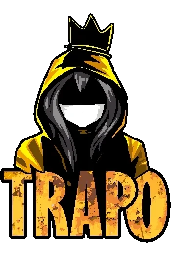 Diseño vectorial de personaje con capucha amarilla, corona y máscara, texto 'TRAPO' en dorado desgastado