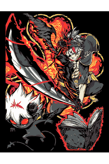 Vector anime Asta Black Clover modo demonio grimorio negro espada gigante Liebe llamas rojas doradas 