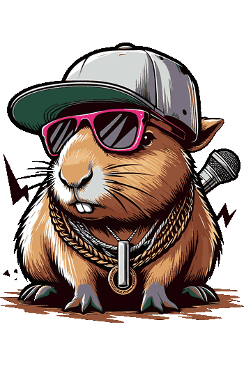 Diseño vectorial de capibara estilo rapero, gorra atrás, gafas rosas, cadena de oro y micrófono